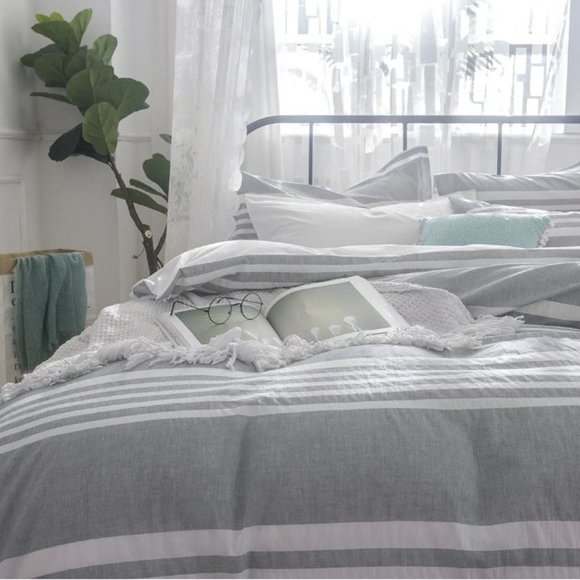 SEESUCKER DUVET COVER SET w/ 2 SHAMS - 100% COTTON (Stripes Grey/White -… - Picture 7 of 11